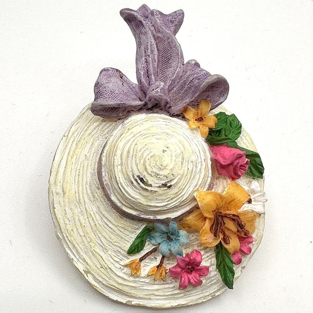 Vintage Molded Resin Straw Hat Brooch Floral Easter Bonnet Purple Bow Pin Retro